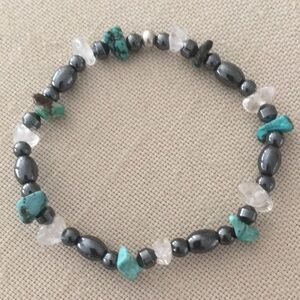 Hand Crafted Bracelet Turquoise Crystal Quartz Hematite 7” Stretch Cord